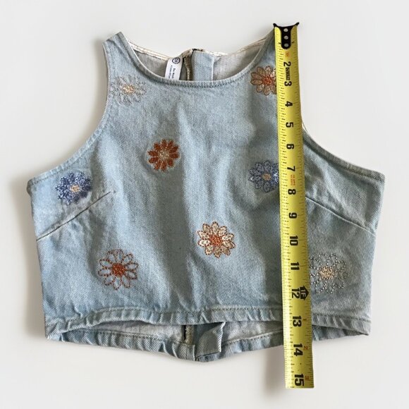 C&A Moda Denim Floral Embroidered Sleeveless Cropped Top Size Small - Picture 6 of 6